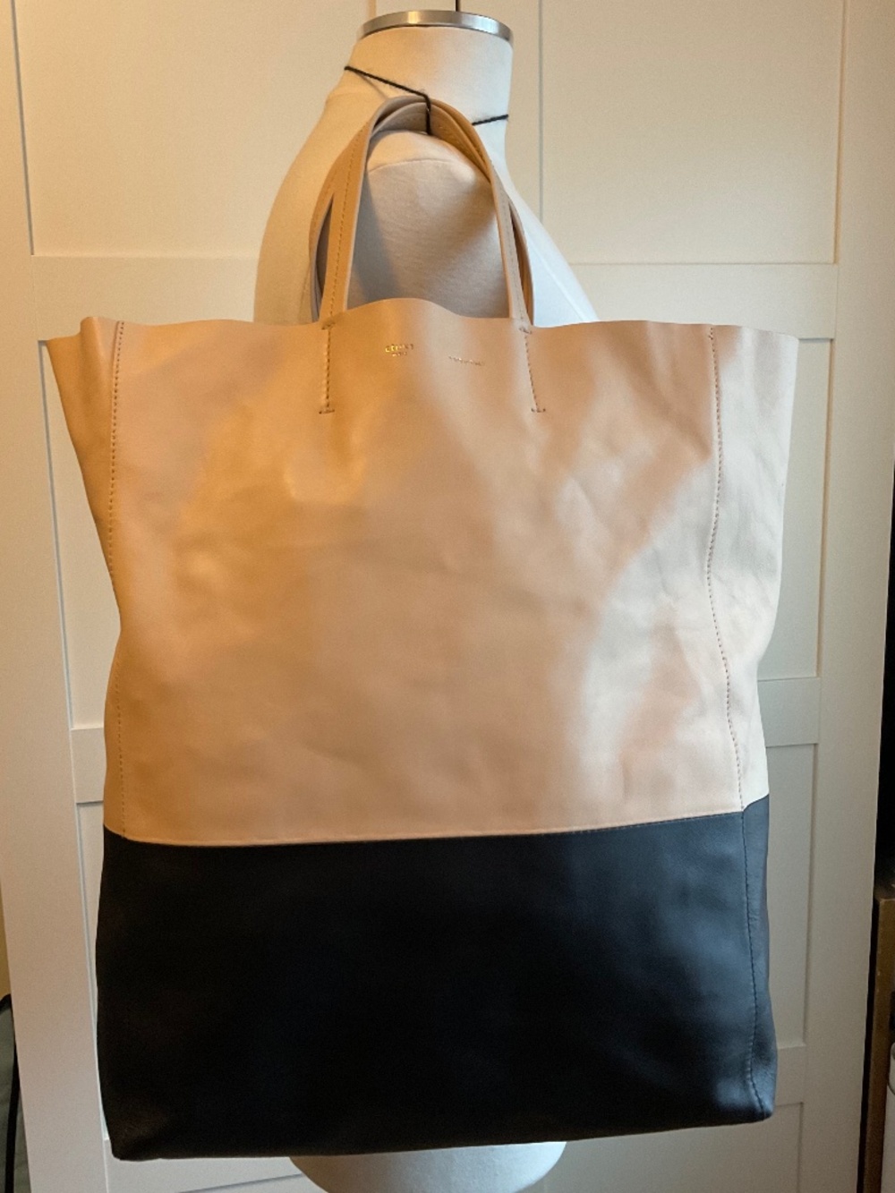 Celine bicolor Cabas vertical tote black beige